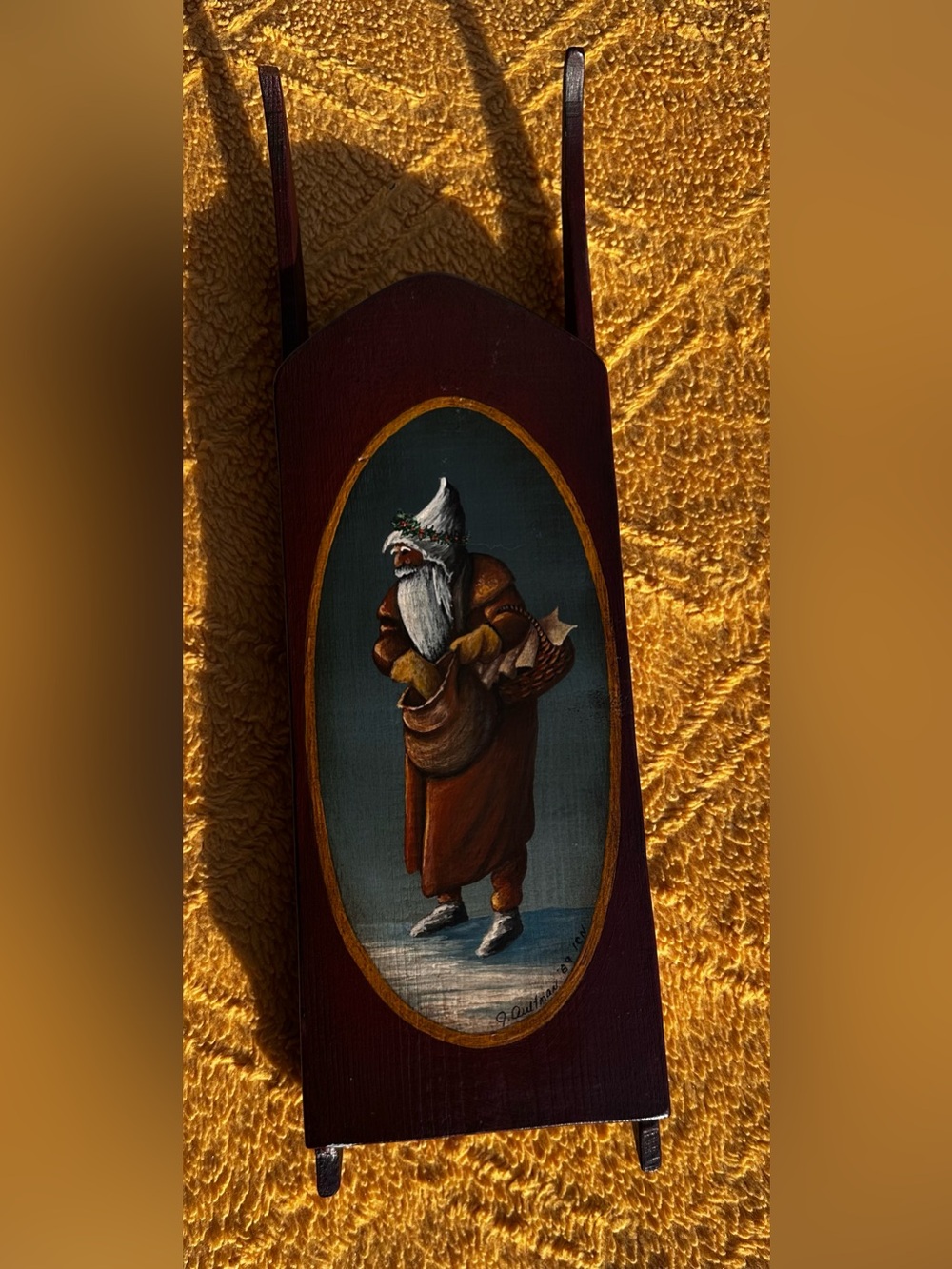 Hand-Painted Vintage-Style Santa Wall Art in Brown and White